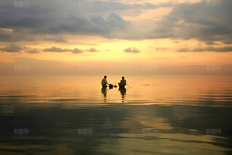 海边赶海钓鱼人物剪影摄影图