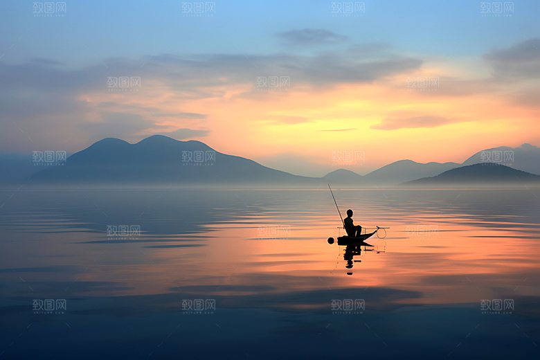 海边赶海逆光钓鱼摄影图