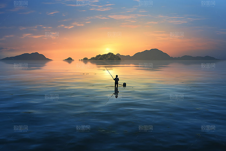 海边赶海日出日落逆光摄影图