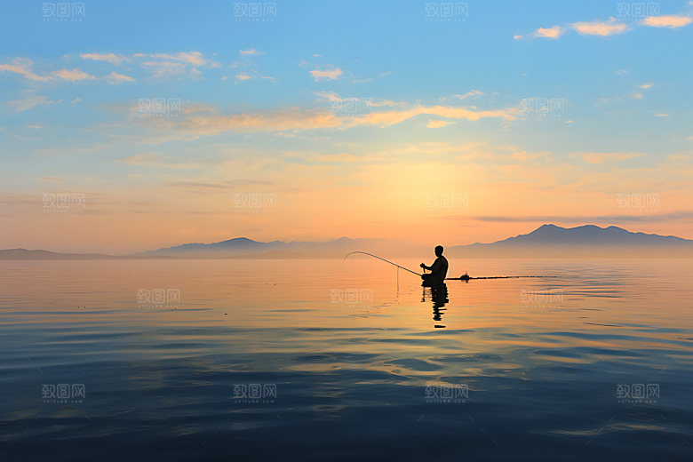 海边赶海人物剪影钓鱼摄影图