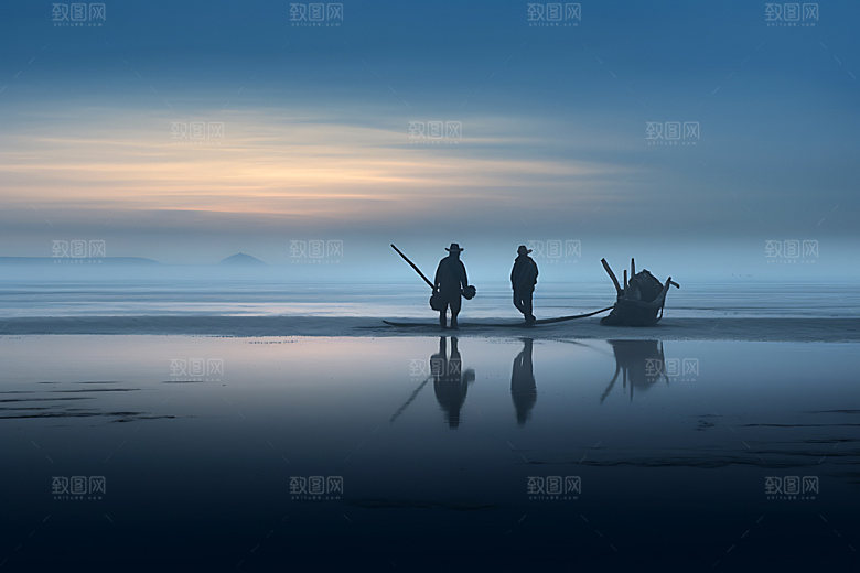 海边赶海海钓日出日落摄影图