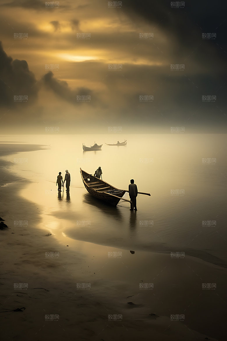 海边赶海逆光滩涂赶海摄影图
