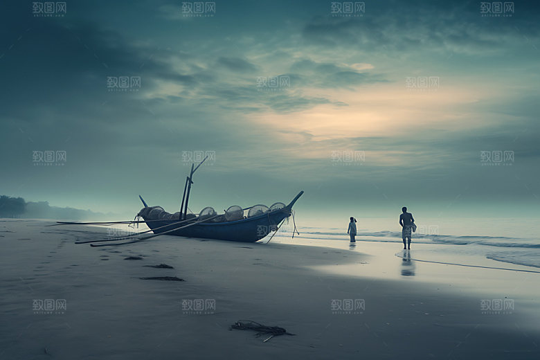 海边赶海日出日落逆光摄影图