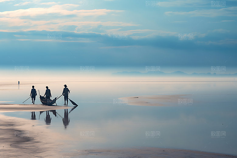 海边赶海逆光人物剪影摄影图