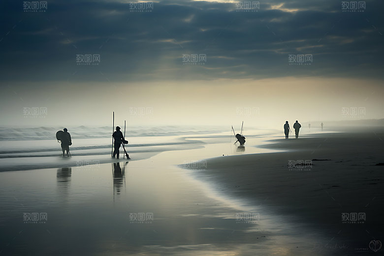 海边赶海日出日落钓鱼摄影图
