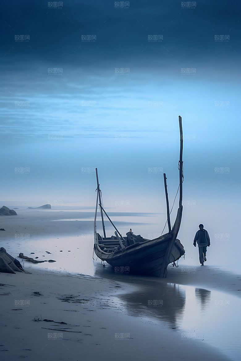 海边赶海人物剪影钓鱼摄影图