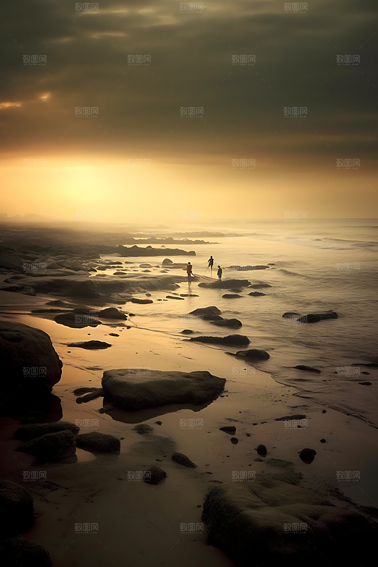 海边赶海人物剪影逆光摄影图