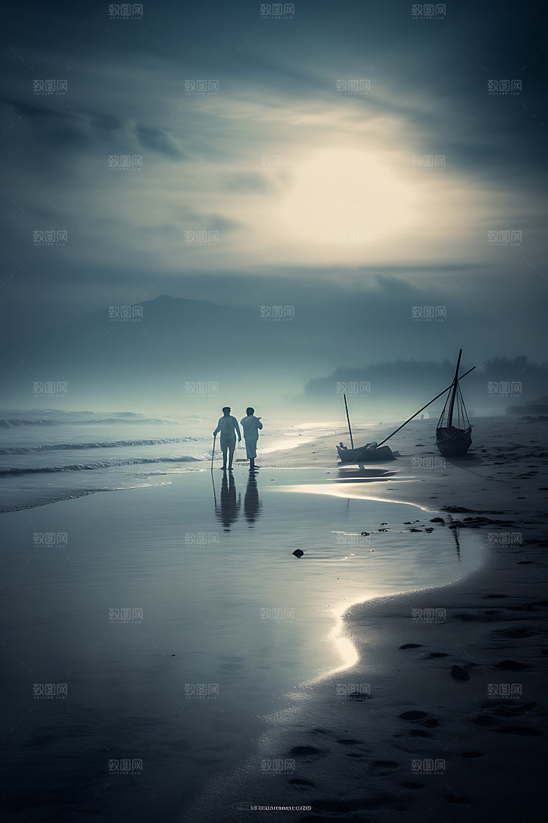 海边赶海滩涂赶海逆光摄影图