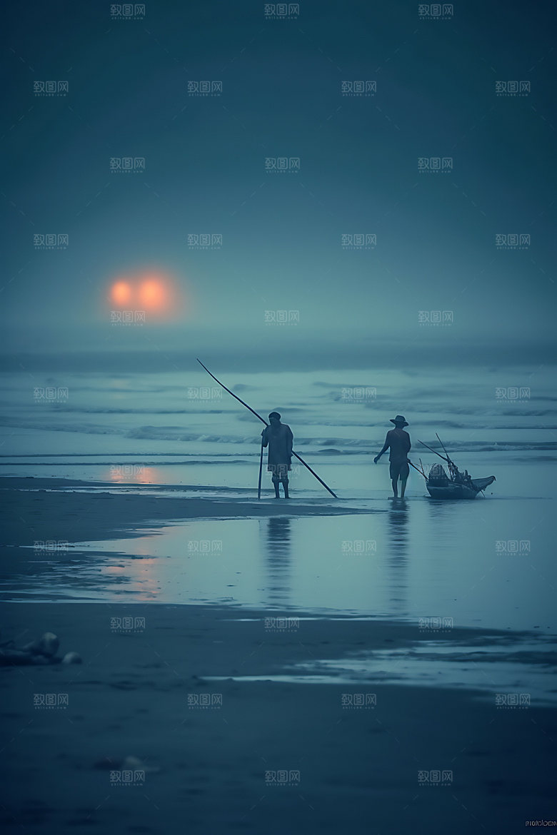 海边赶海日出日落逆光摄影图