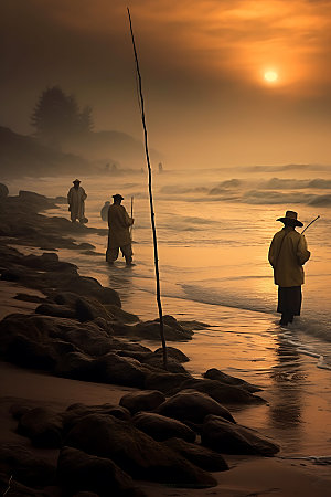 海边赶海人物剪影日出日落摄影图