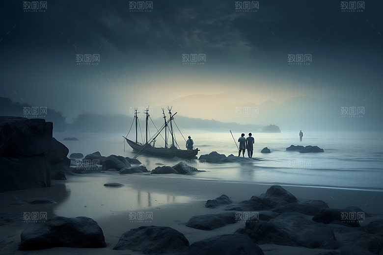 海边赶海钓鱼人物剪影摄影图