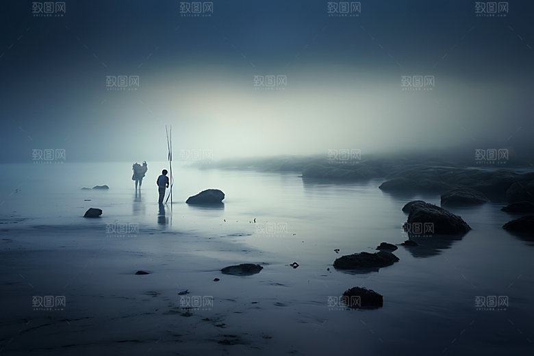 海边赶海人物剪影逆光摄影图