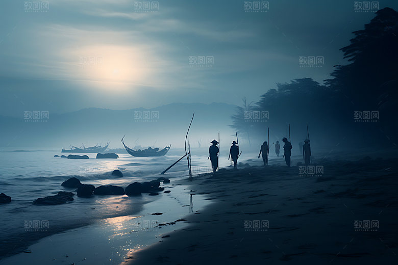 海边赶海人物剪影逆光摄影图