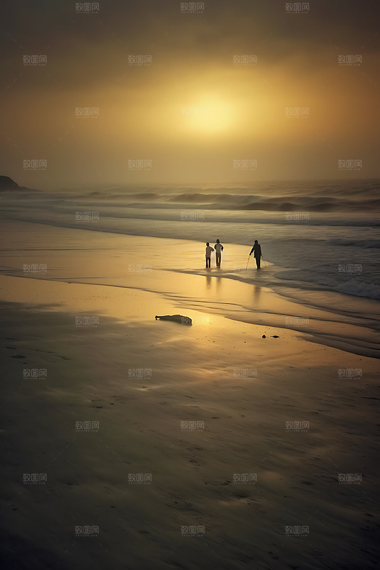 海边赶海逆光海钓摄影图