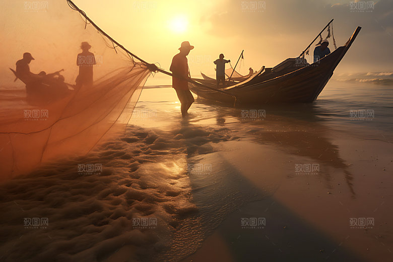海边赶海人物剪影海钓摄影图
