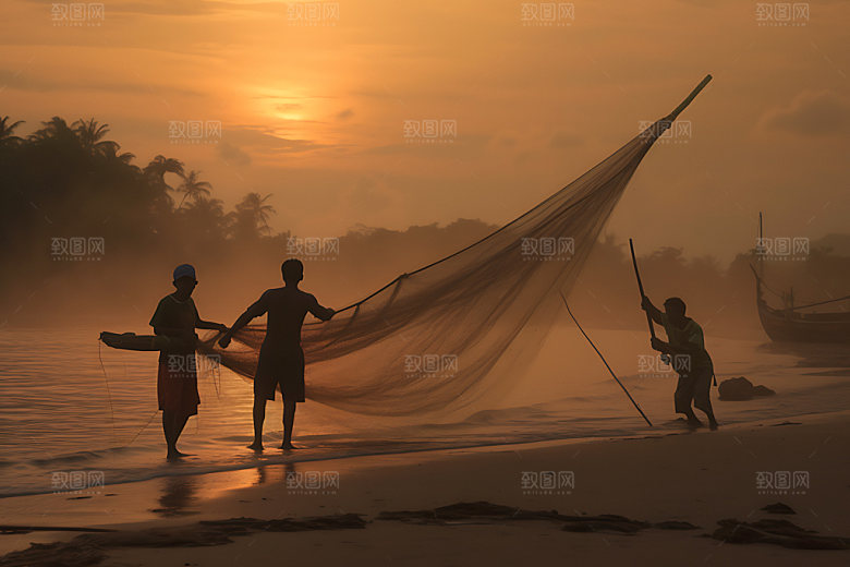 海边赶海人物剪影逆光摄影图