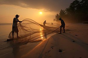 海边赶海人物剪影海钓摄影图