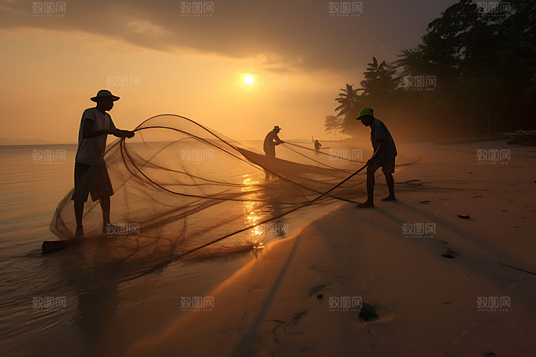海边赶海人物剪影海钓摄影图