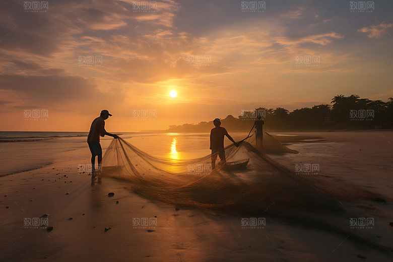 海边赶海人物剪影滩涂赶海摄影图