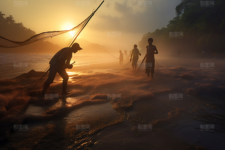 海边赶海逆光钓鱼摄影图