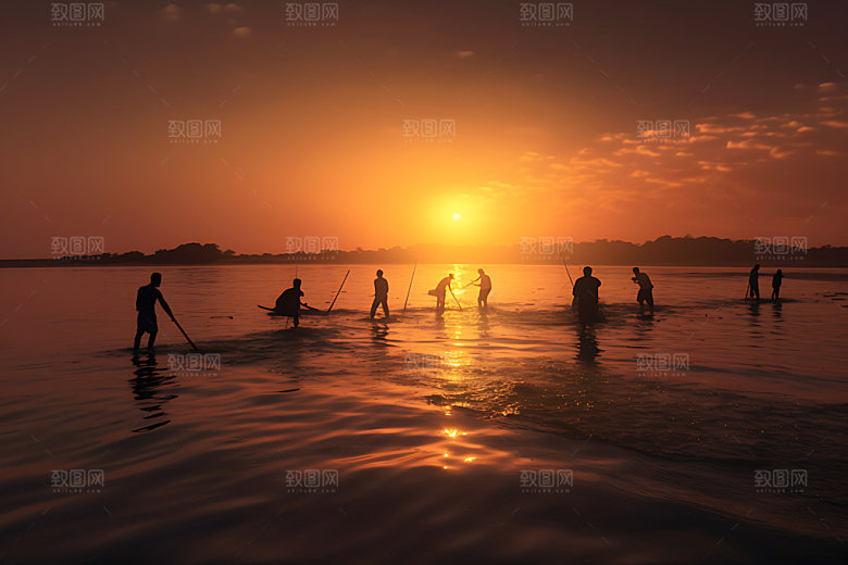 海边赶海日出日落逆光摄影图