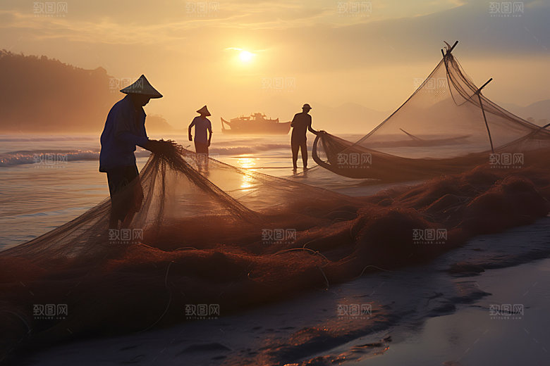 海边赶海日出日落滩涂赶海摄影图
