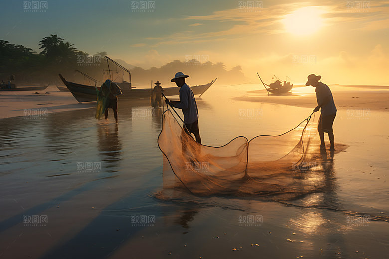 海边赶海日出日落滩涂赶海摄影图