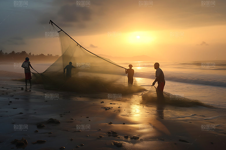 海边赶海逆光人物剪影摄影图