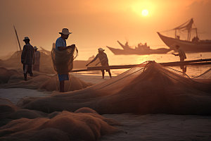 海边赶海人物剪影钓鱼摄影图