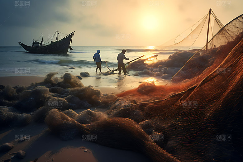 海边赶海逆光海钓摄影图