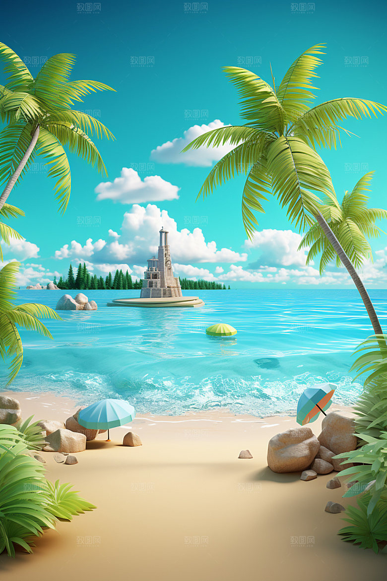 C4D海边度假旅游立体模型