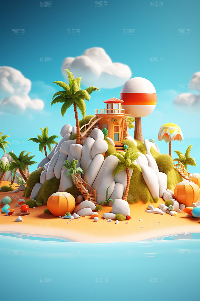 C4D海边度假旅行旅游模型
