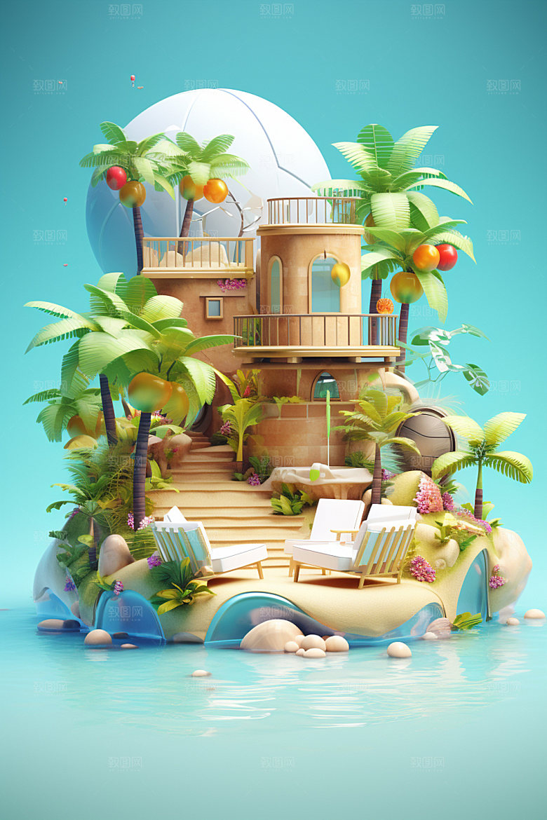 C4D海边度假旅行大海模型