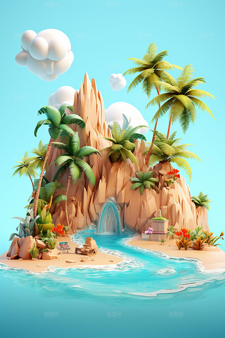C4D海边度假场景卡通模型