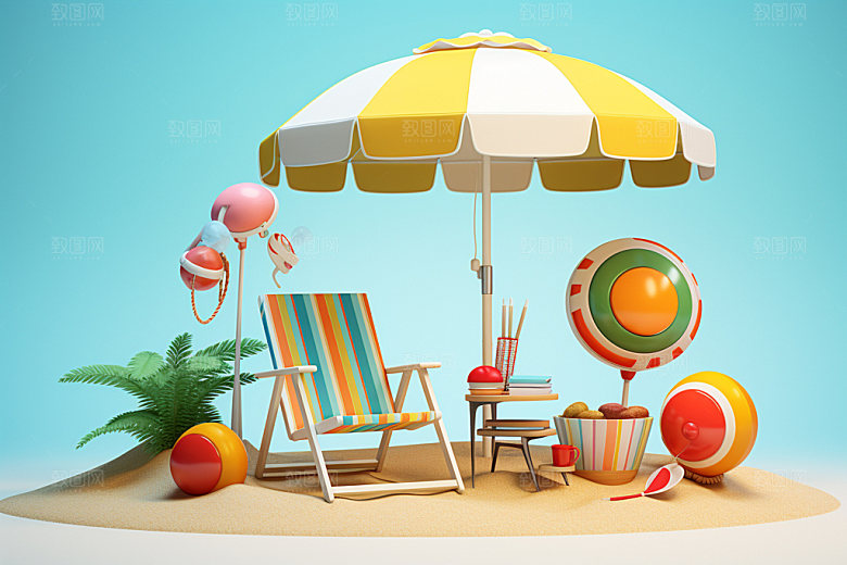 C4D海边度假卡通旅行模型