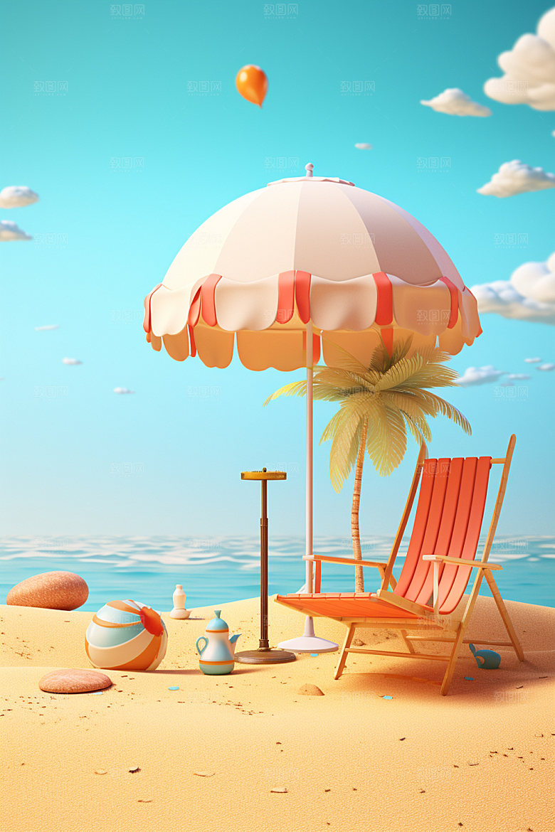 C4D海边度假立体卡通模型
