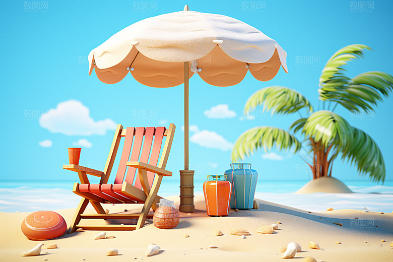 C4D海边度假旅行卡通模型