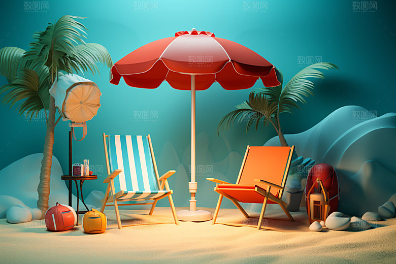 C4D海边度假卡通旅游模型