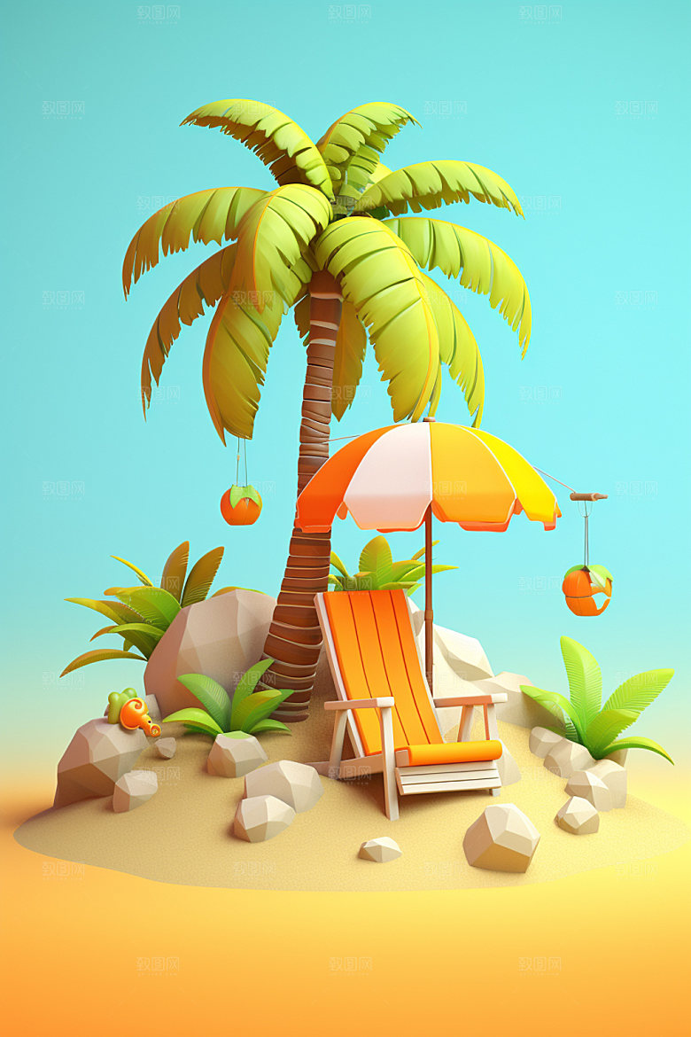 C4D海边度假卡通立体模型
