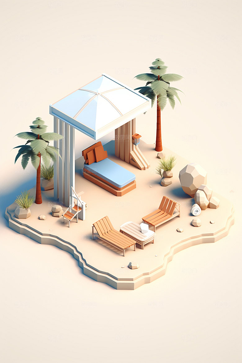 C4D海边度假卡通场景模型