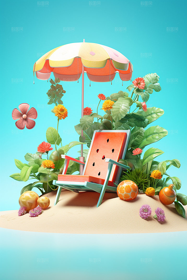 C4D海边度假卡通旅行模型
