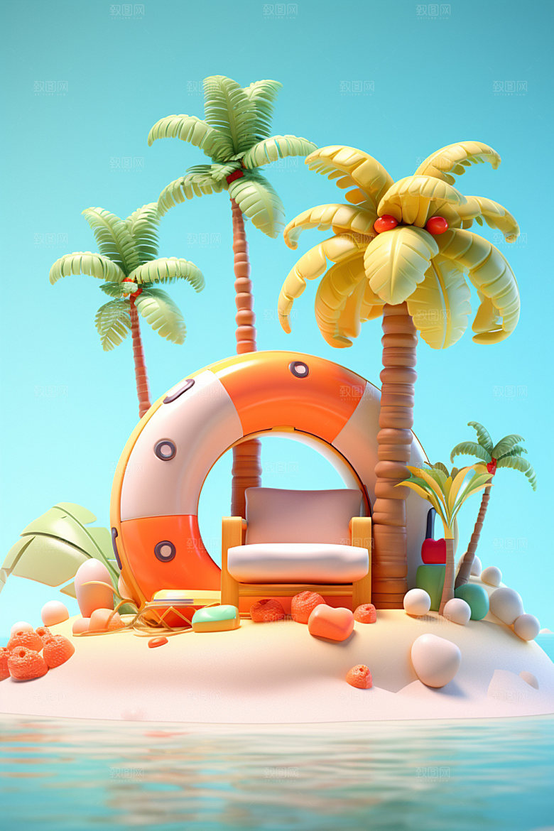 C4D海边度假立体卡通模型