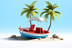 C4D海边度假沙滩卡通模型