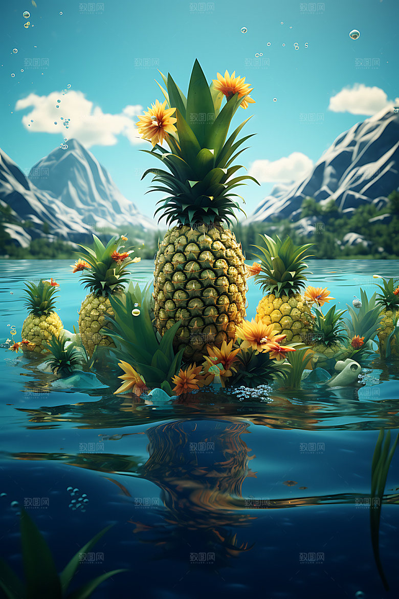 海边水果幻想风度假插画
