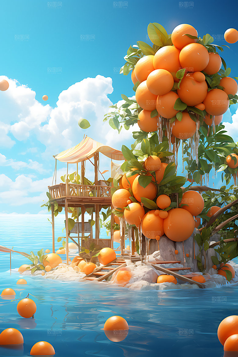 海边水果度假童话风插画