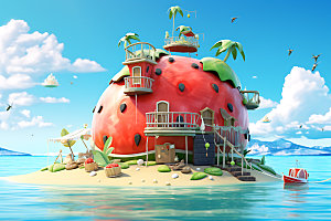 海边水果假日热带插画