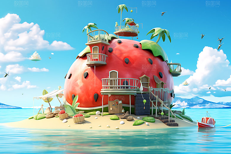 海边水果假日热带插画