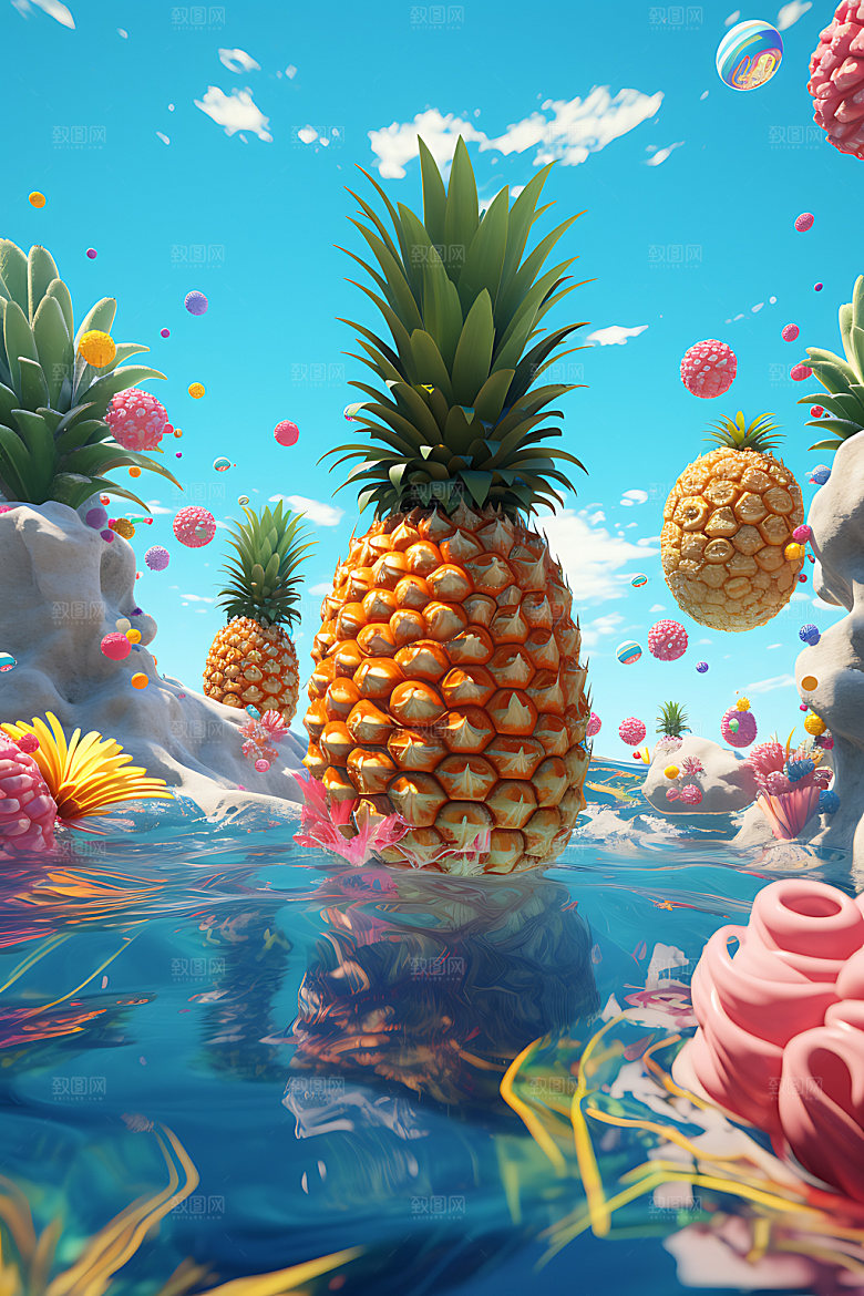 海边水果幻想风度假插画