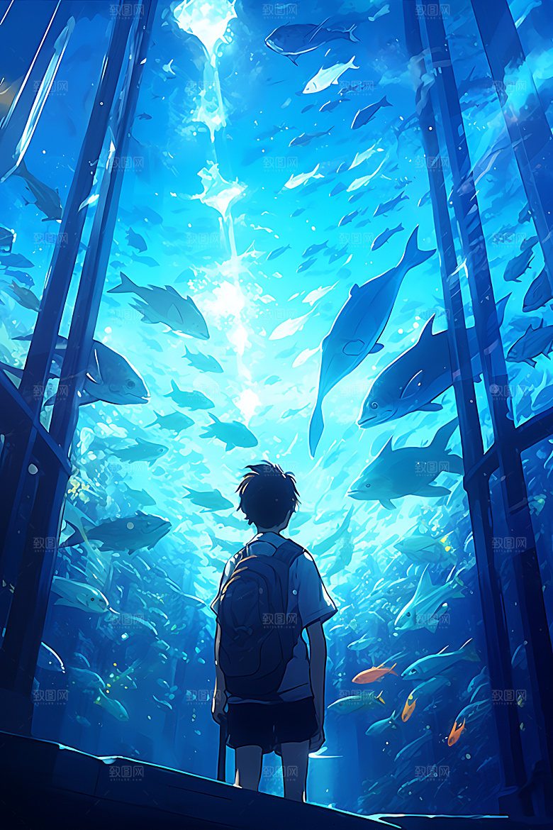 海底人物海洋蓝色插画
