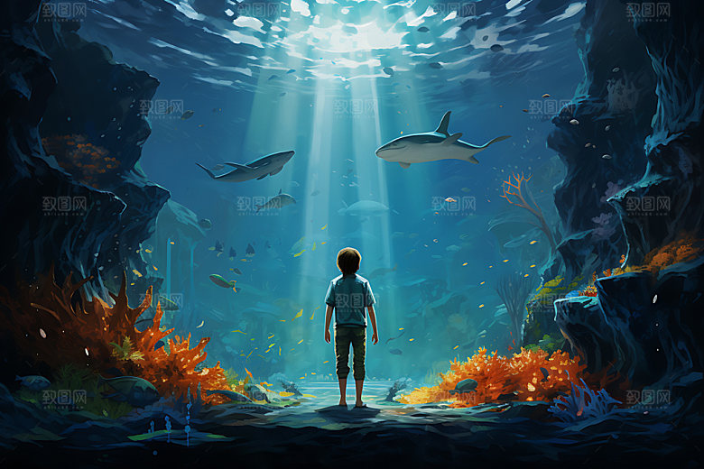 海底人物蓝色手绘插画